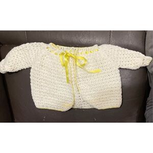 Handmade Vintage White and Yellow Crochet Sweater Baby One Size 6-12 Months